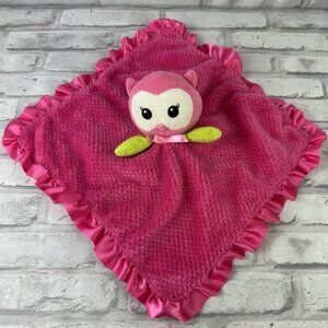 Okie Dokie Pink Owl Security Blanket Lovey Rattle Plush Satin Ruffle Baby 13”x13